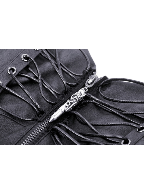 Sexy Black PU Leather Front And Rear Eyelet Adjustable Cross Straps With Metal Zipper Punk Style Corset