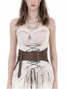Vintage Brown Wide Brimmed Double Row Metal Eyelet Buckle Back Cross Tie Punk Style Tight Belt