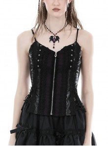 Black And Purple Woven Splicing PU Leather Front And Center Metal Zipper With Adjustable Tie Ropes At The Back Gothic Lace Corset