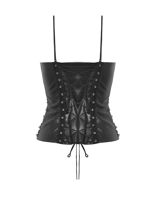 Black And Purple Woven Splicing PU Leather Front And Center Metal Zipper With Adjustable Tie Ropes At The Back Gothic Lace Corset