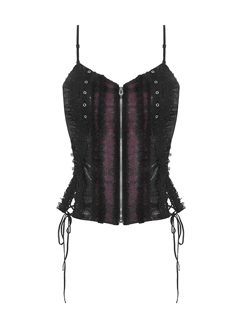Black And Purple Woven Splicing PU Leather Front And Center Metal Zipper With Adjustable Tie Ropes At The Back Gothic Lace Corset