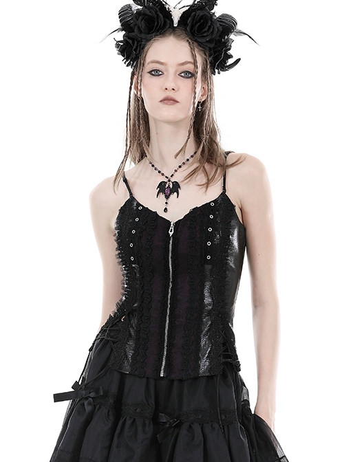 Black And Purple Woven Splicing PU Leather Front And Center Metal Zipper With Adjustable Tie Ropes At The Back Gothic Lace Corset