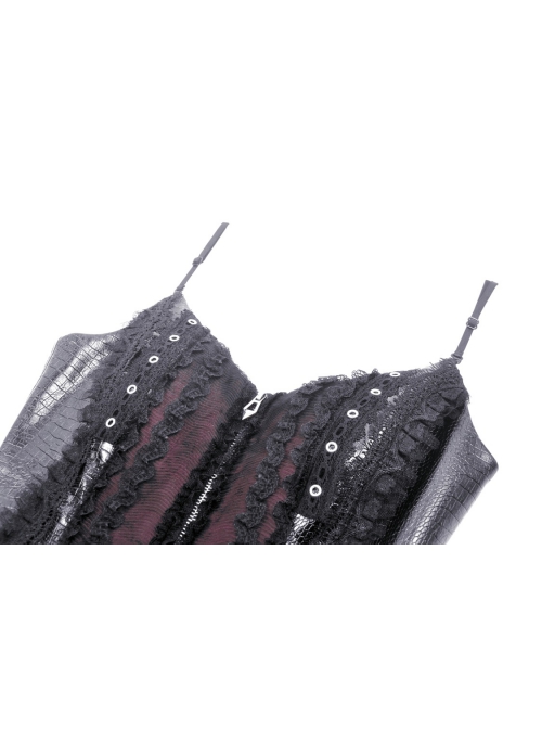 Black And Purple Woven Splicing PU Leather Front And Center Metal Zipper With Adjustable Tie Ropes At The Back Gothic Lace Corset