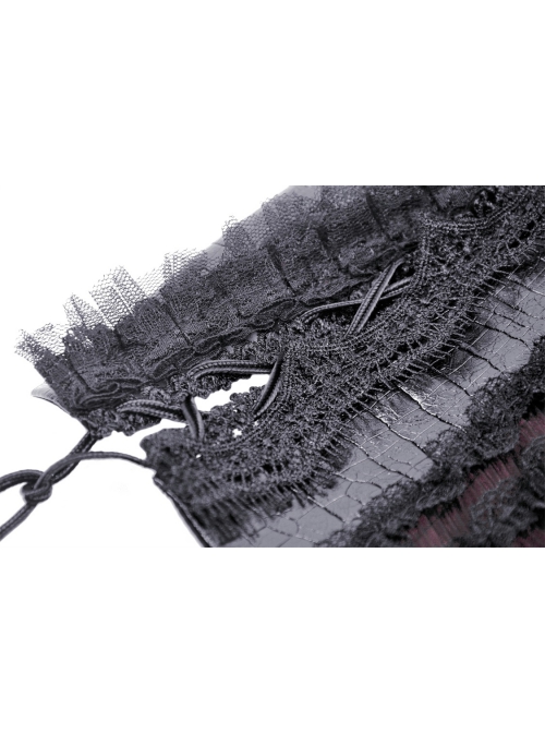 Black And Purple Woven Splicing PU Leather Front And Center Metal Zipper With Adjustable Tie Ropes At The Back Gothic Lace Corset