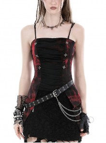 Black And Red Dyed Front Center Frilled Back Adjustable Tie Punk Style Slim Fit Top