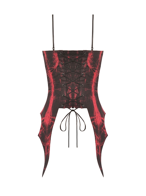 Black And Red Dyed Front Center Frilled Back Adjustable Tie Punk Style Slim Fit Top