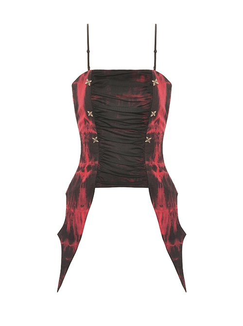 Black And Red Dyed Front Center Frilled Back Adjustable Tie Punk Style Slim Fit Top