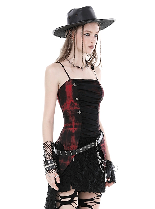Black And Red Dyed Front Center Frilled Back Adjustable Tie Punk Style Slim Fit Top