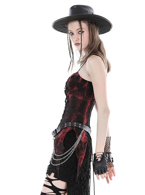 Black And Red Dyed Front Center Frilled Back Adjustable Tie Punk Style Slim Fit Top