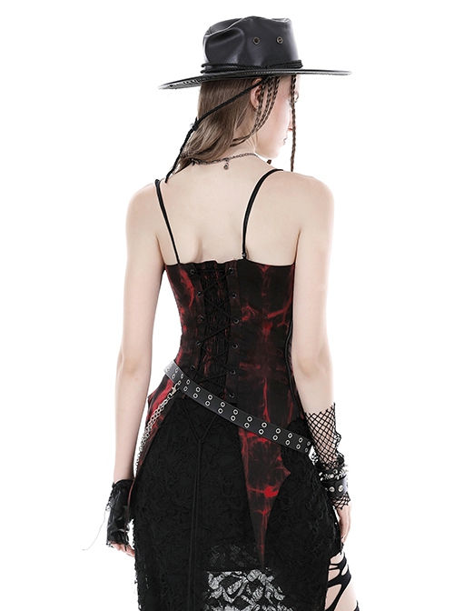 Black And Red Dyed Front Center Frilled Back Adjustable Tie Punk Style Slim Fit Top