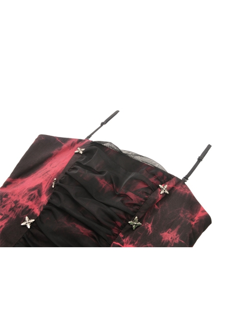 Black And Red Dyed Front Center Frilled Back Adjustable Tie Punk Style Slim Fit Top