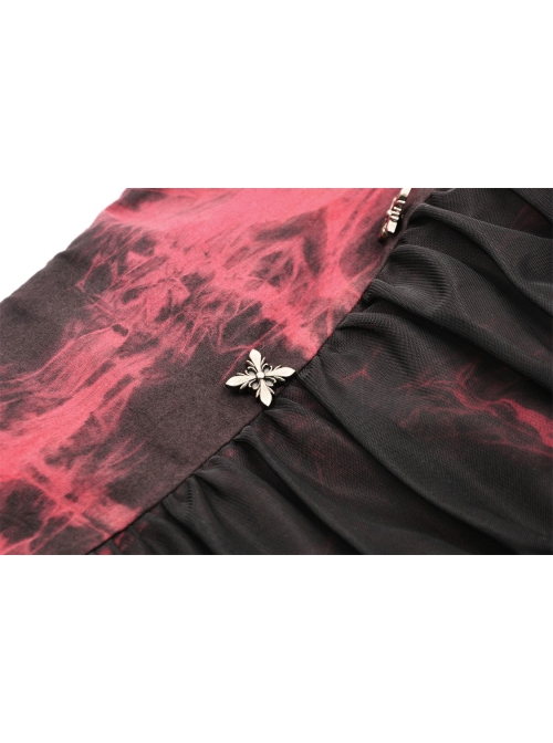 Black And Red Dyed Front Center Frilled Back Adjustable Tie Punk Style Slim Fit Top