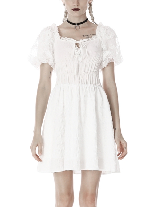 Simple White Woven Front And Back Webbing Decorated Short Punk Style Puff Sleeve Dress