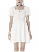 Simple White Woven Front And Back Webbing Decorated Short Punk Style Puff Sleeve Dress