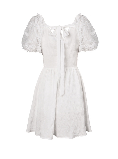 Simple White Woven Front And Back Webbing Decorated Short Punk Style Puff Sleeve Dress