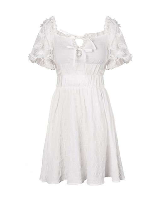 Simple White Woven Front And Back Webbing Decorated Short Punk Style Puff Sleeve Dress