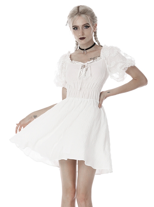 Simple White Woven Front And Back Webbing Decorated Short Punk Style Puff Sleeve Dress