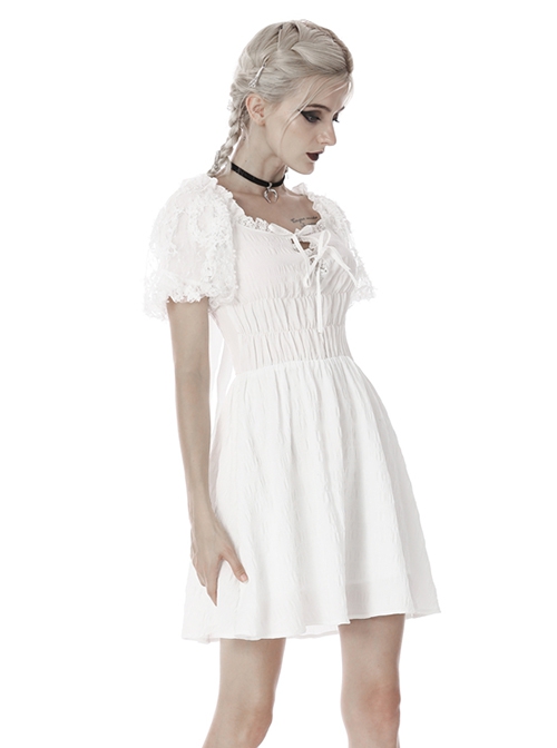 Simple White Woven Front And Back Webbing Decorated Short Punk Style Puff Sleeve Dress