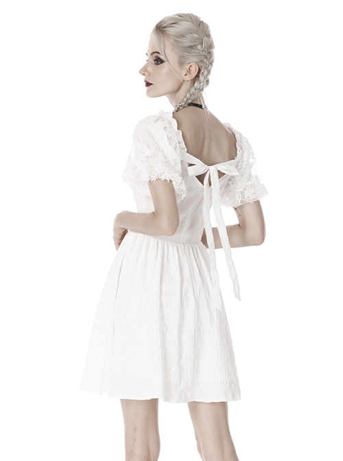 Simple White Woven Front And Back Webbing Decorated Short Punk Style Puff Sleeve Dress