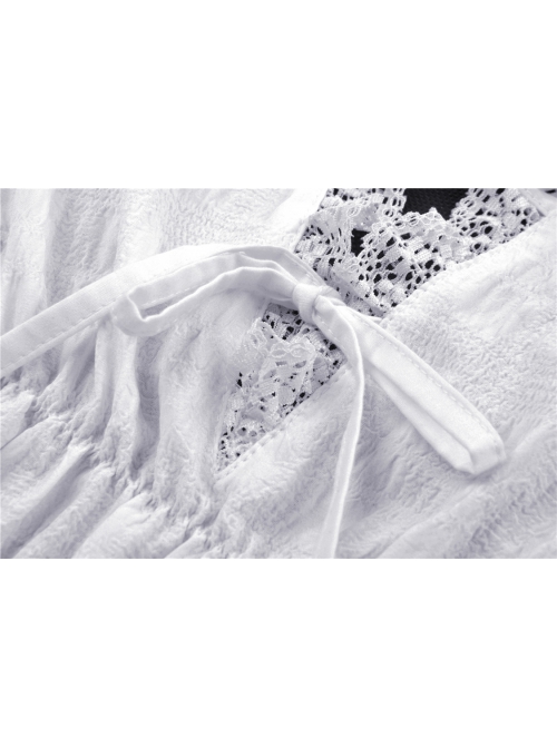 Simple White Woven Front And Back Webbing Decorated Short Punk Style Puff Sleeve Dress