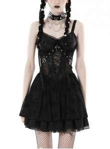 Sexy Black See Through Spider Web Print Pattern With Exquisite Lace Decoration On The Chest Punk Style Suspender Dress