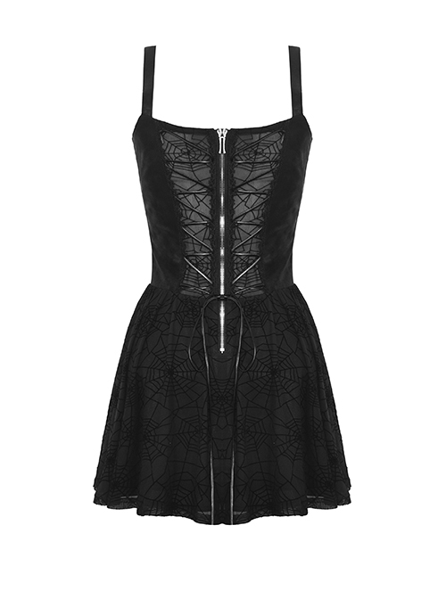 Sexy Black See Through Spider Web Print Pattern With Exquisite Lace Decoration On The Chest Punk Style Suspender Dress