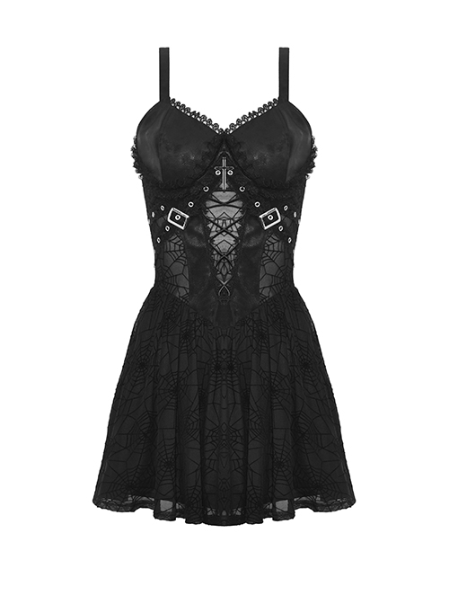 Sexy Black See Through Spider Web Print Pattern With Exquisite Lace Decoration On The Chest Punk Style Suspender Dress
