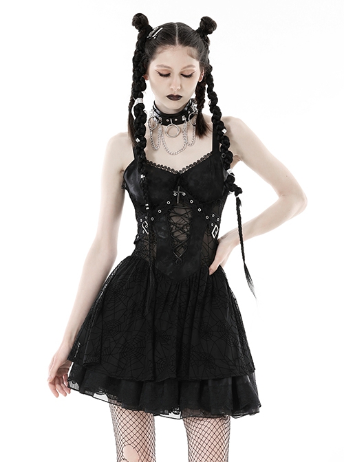 Sexy Black See Through Spider Web Print Pattern With Exquisite Lace Decoration On The Chest Punk Style Suspender Dress