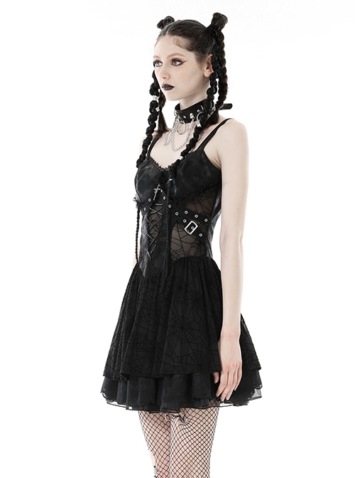 Sexy Black See Through Spider Web Print Pattern With Exquisite Lace Decoration On The Chest Punk Style Suspender Dress