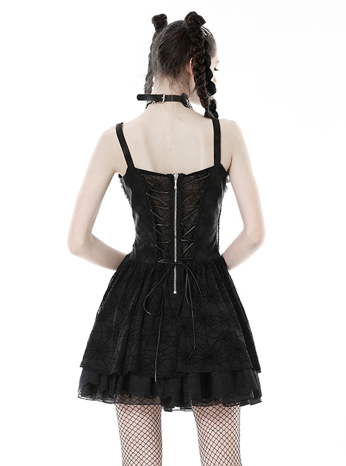 Sexy Black See Through Spider Web Print Pattern With Exquisite Lace Decoration On The Chest Punk Style Suspender Dress