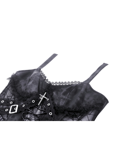 Sexy Black See Through Spider Web Print Pattern With Exquisite Lace Decoration On The Chest Punk Style Suspender Dress