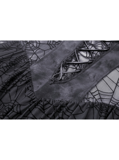 Sexy Black See Through Spider Web Print Pattern With Exquisite Lace Decoration On The Chest Punk Style Suspender Dress