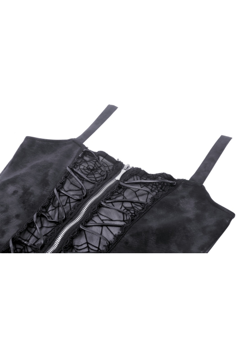 Sexy Black See Through Spider Web Print Pattern With Exquisite Lace Decoration On The Chest Punk Style Suspender Dress