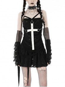 Black Personalized Ripped Woven Fabric With White Cross On The Chest Gothic Style Cross Strap Dress