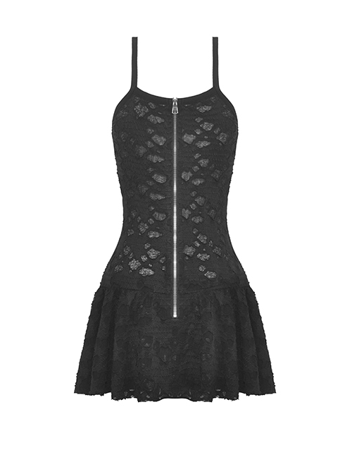 Black Personalized Ripped Woven Fabric With White Cross On The Chest Gothic Style Cross Strap Dress