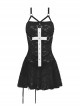 Black Personalized Ripped Woven Fabric With White Cross On The Chest Gothic Style Cross Strap Dress