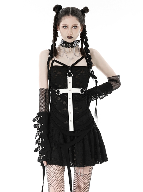 Black Personalized Ripped Woven Fabric With White Cross On The Chest Gothic Style Cross Strap Dress