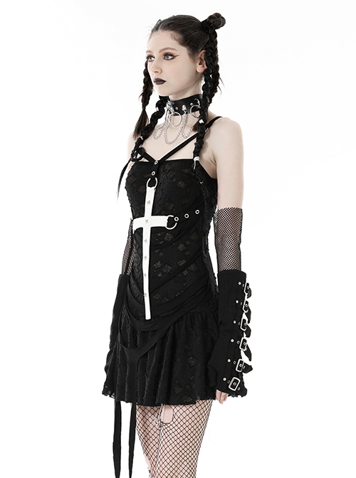 Black Personalized Ripped Woven Fabric With White Cross On The Chest Gothic Style Cross Strap Dress
