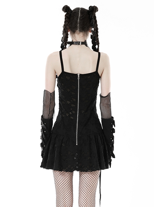 Black Personalized Ripped Woven Fabric With White Cross On The Chest Gothic Style Cross Strap Dress