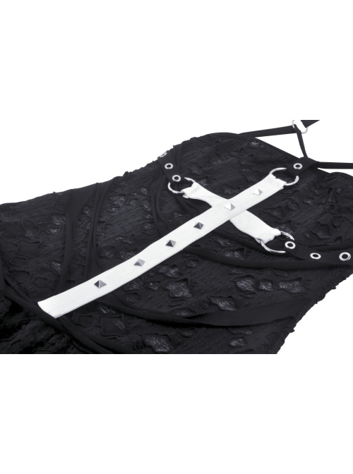 Black Personalized Ripped Woven Fabric With White Cross On The Chest Gothic Style Cross Strap Dress