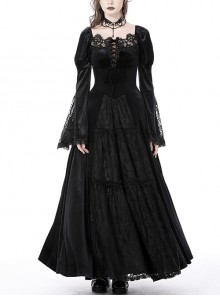 Gorgeous Retro Black Velvet Patchwork Lace Front Strap Embellished Gothic Style Long Sleeved Dress