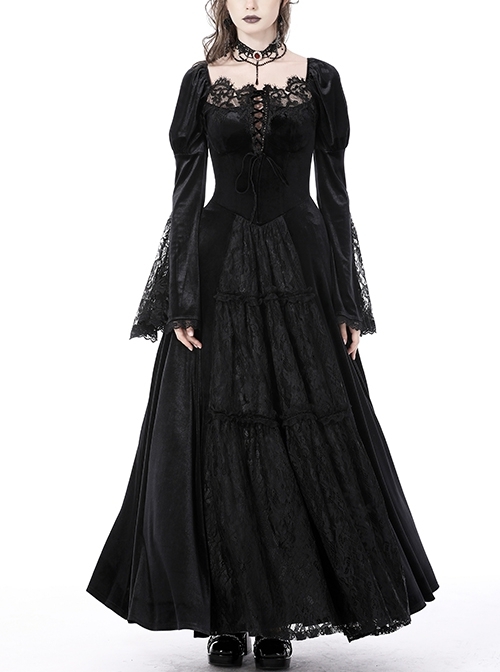 Gorgeous Retro Black Velvet Patchwork Lace Front Strap Embellished Gothic Style Long Sleeved Dress