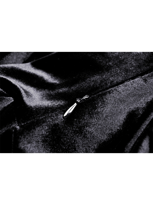 Gorgeous Retro Black Velvet Patchwork Lace Front Strap Embellished Gothic Style Long Sleeved Dress