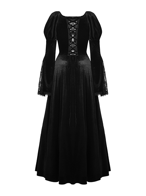 Gorgeous Retro Black Velvet Patchwork Lace Front Strap Embellished Gothic Style Long Sleeved Dress