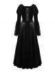 Gorgeous Retro Black Velvet Patchwork Lace Front Strap Embellished Gothic Style Long Sleeved Dress