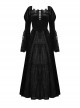 Gorgeous Retro Black Velvet Patchwork Lace Front Strap Embellished Gothic Style Long Sleeved Dress