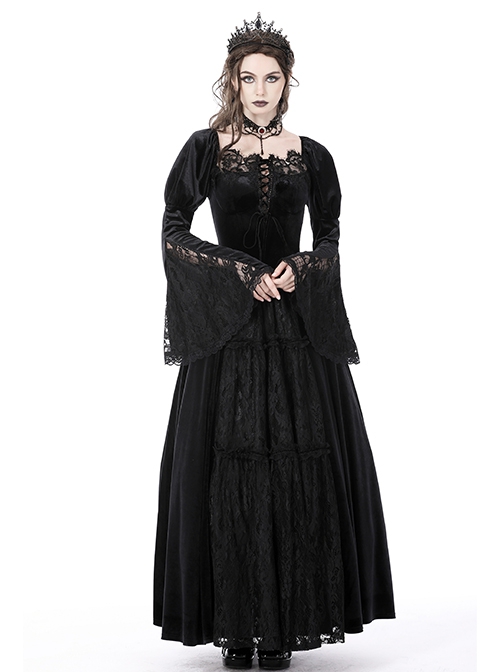 Gorgeous Retro Black Velvet Patchwork Lace Front Strap Embellished Gothic Style Long Sleeved Dress