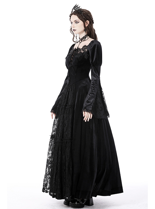 Gorgeous Retro Black Velvet Patchwork Lace Front Strap Embellished Gothic Style Long Sleeved Dress