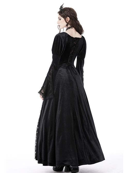 Gorgeous Retro Black Velvet Patchwork Lace Front Strap Embellished Gothic Style Long Sleeved Dress