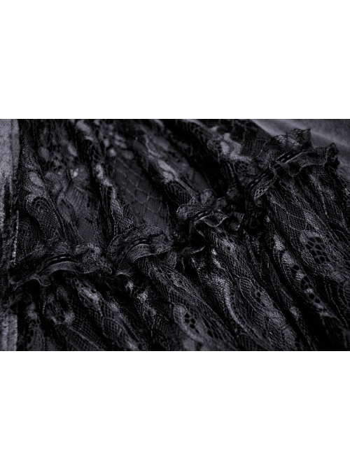Gorgeous Retro Black Velvet Patchwork Lace Front Strap Embellished Gothic Style Long Sleeved Dress